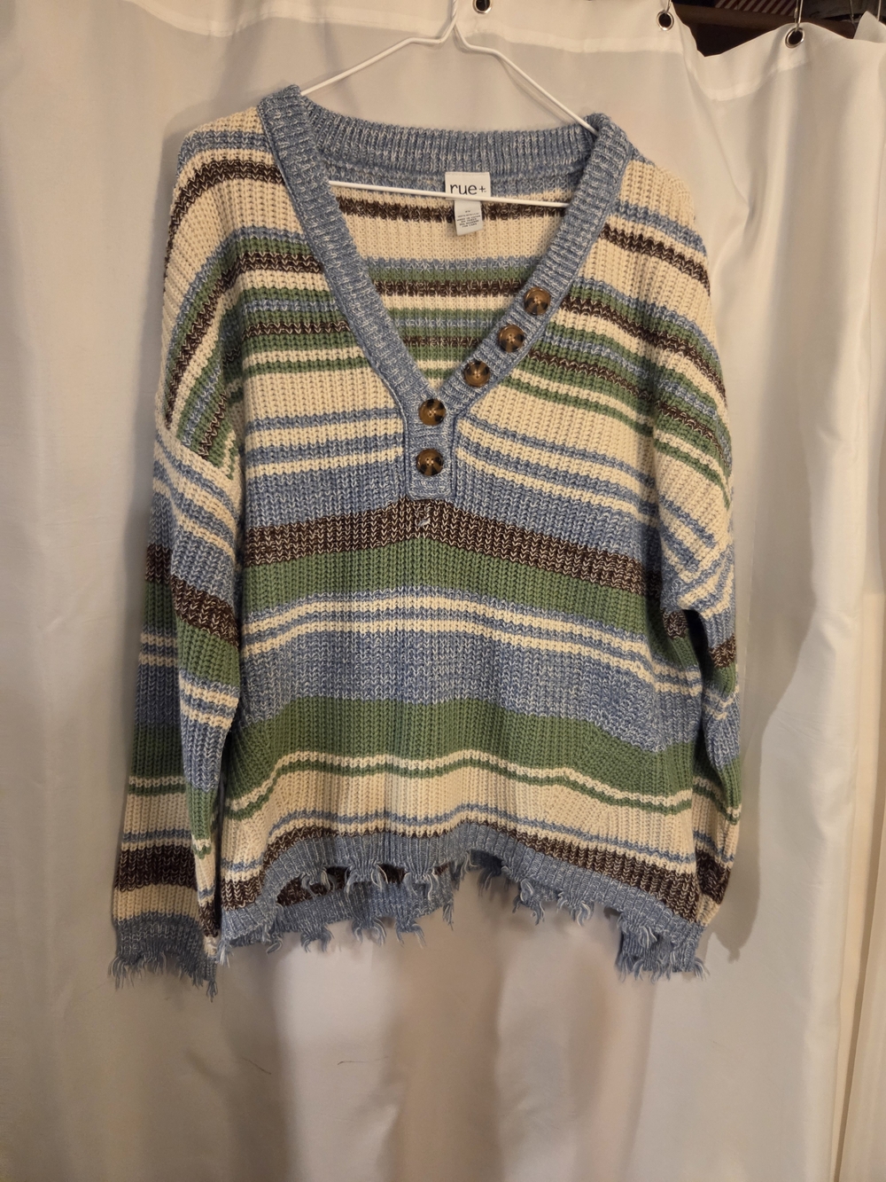 Rue21 Striped V-Neck Button Sweater in Blue, Green, Cream